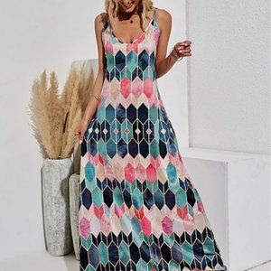 Abstract Spaghetti Strap Maxi Dress